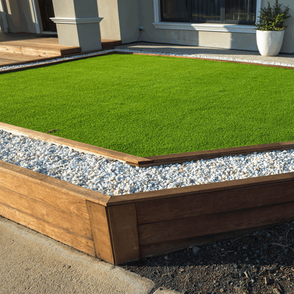 Artificial turf installation in Salem, Oregon by Willamette Valley Landscape featuring clean wooden edging and decorative white rock border.
