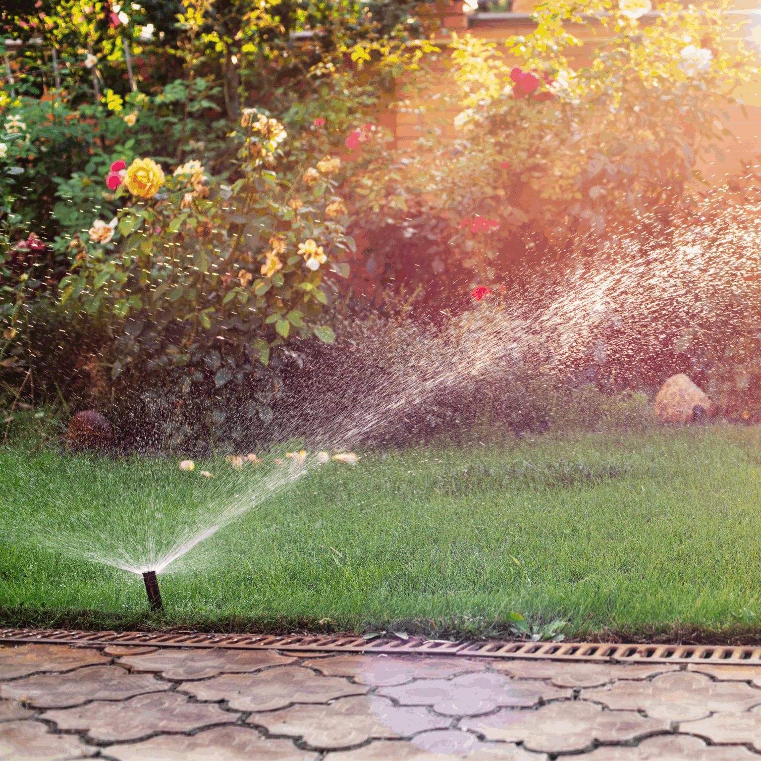 Automatic sprinkler watering a well-maintained lawn and flower garden in Salem, Oregon. Installed by WV Landscape as part of custom irrigation and landscape design services.